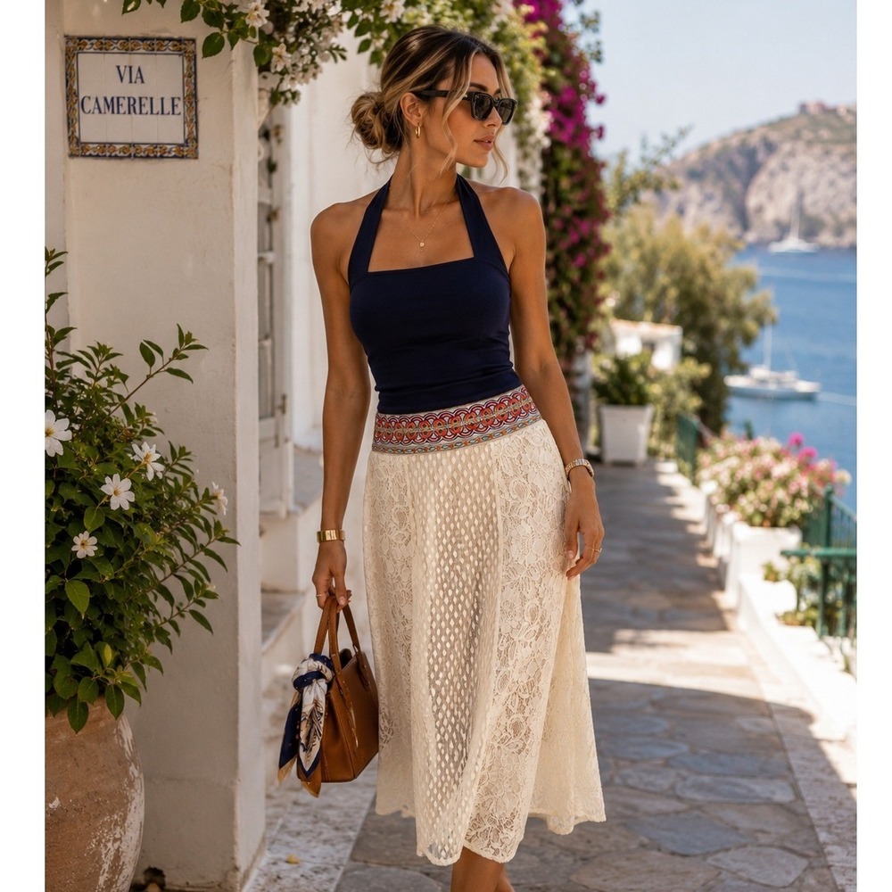 Flying Tomato Ivory Lace Handkerchief Hem Midi Skirt Embroidered Waist Small